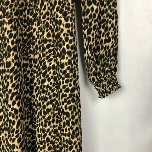 J. Crew Brown Leopard Print Ruffle Neck Peasant Long Sleeve Midi Dress 0 - Picture 6 of 7